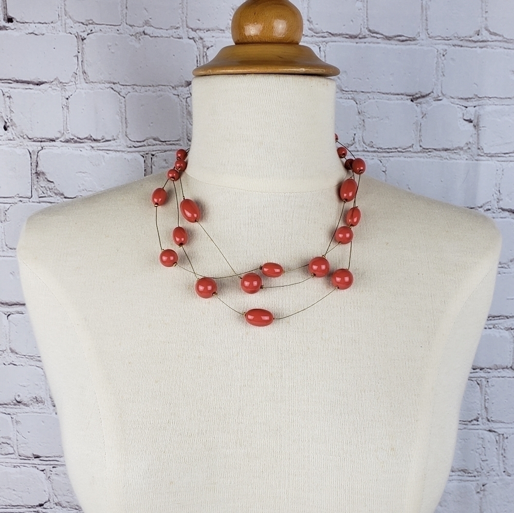 Multi Strand Illusion Wire Coral Bead Goldtone Floating Necklace Adjustable